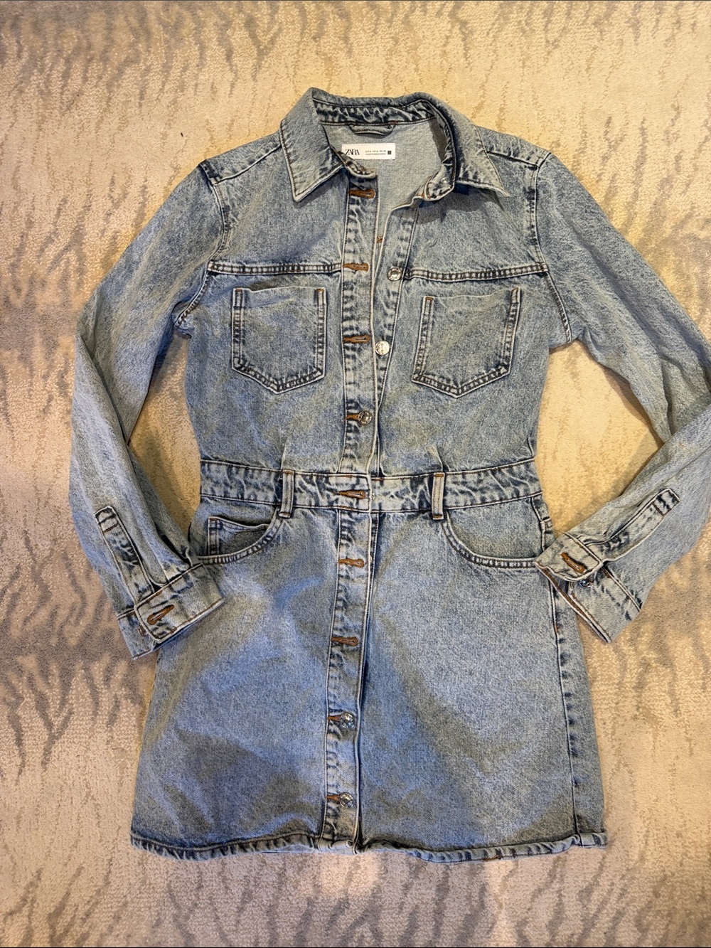 Zara Washed Blue Denim Button-Front Shirt Dress